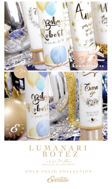 Lumanare de botez personalizata, print folio gold, 30x8cm, Calatorul 1